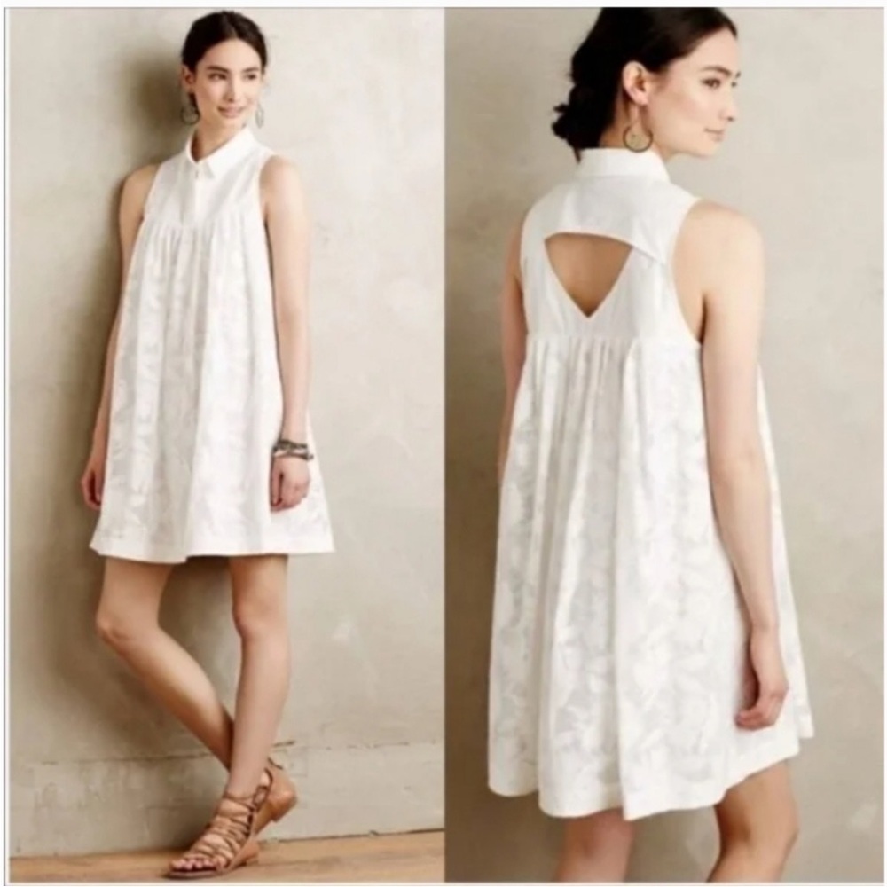 Anthropologie HD in Paris White Sleeveless Collared Lace Swing Dress Size small